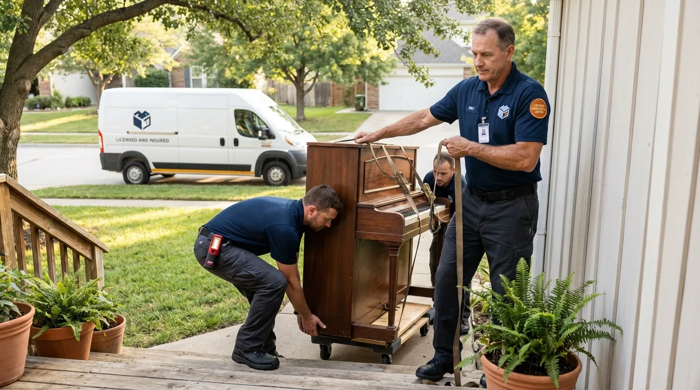 Licensed piano movers securing grand piano in Farmville, VA