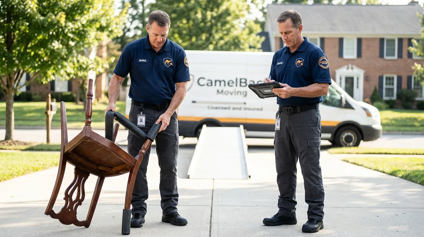 Movers inspecting furniture for damage prevention before loading in Farmville, VA