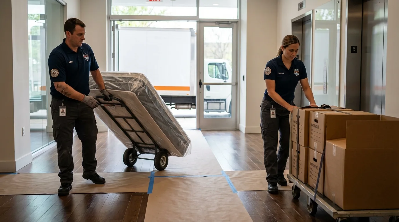 Professional apartment movers loading elevator in Farmville, VA